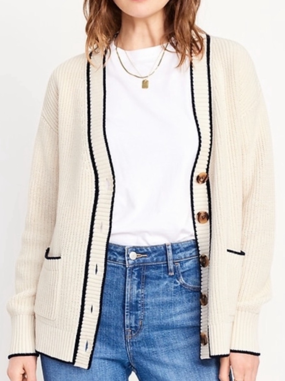 Women’s Old Navy Cream Preppy Cardigan with Black Trim Size M NWT